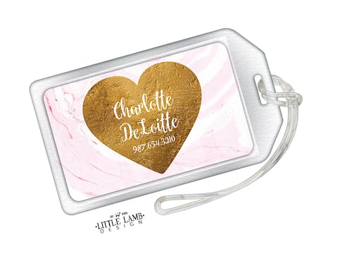 Pink Marbled Glitter Gold Heart Acrylic Luggage Tag