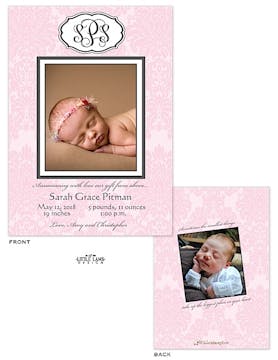 Pink damask Girl Photo Birth Announcement
