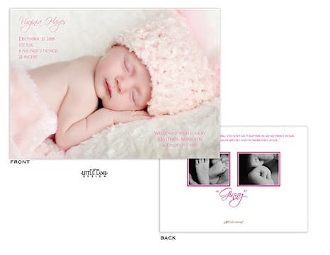 Full Bleed horizontal Girl Photo Birth Announcement with 2 photos on the back