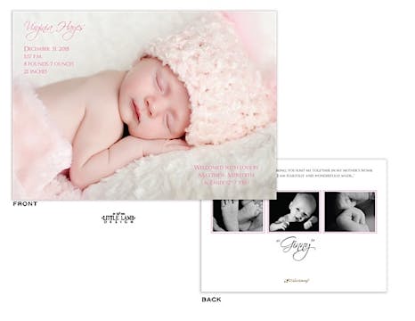 Full Bleed horizontal Girl Photo Birth Announcement with 3 photos on the back