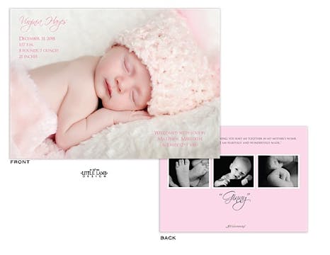 Full Bleed horizontal Girl Photo Birth Announcement with 3 photos on the back