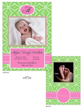 Fun Green and Pink Girl Photo Birth Announcement