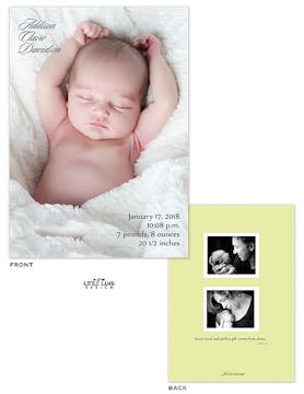 Full Bleed Vertical Classic Girl Photo Birth Announcement with two photos on the back