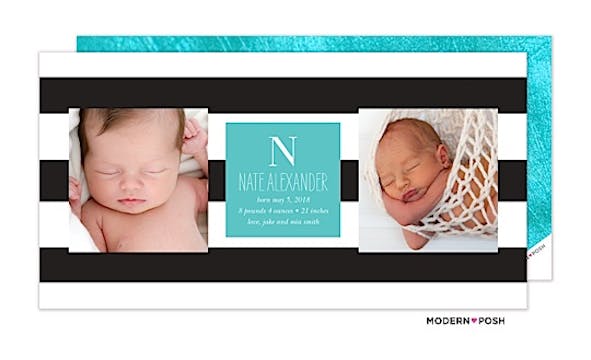 Modern Stripe Black and Tiffany Photo Birth Announcement