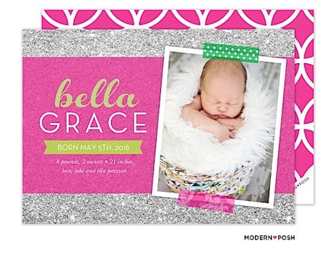 Baby Sparkles Pink Photo Birth Announcement
