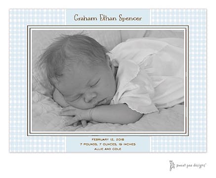Gingham Blue Print & Apply Flat Photo Birth Announcement