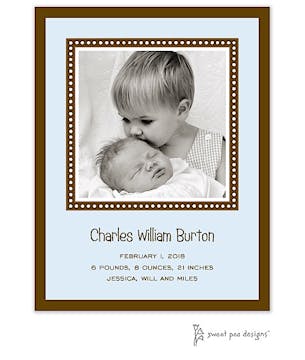 Dotted Border Blue & Chocolate Flat Photo Birth Announcement