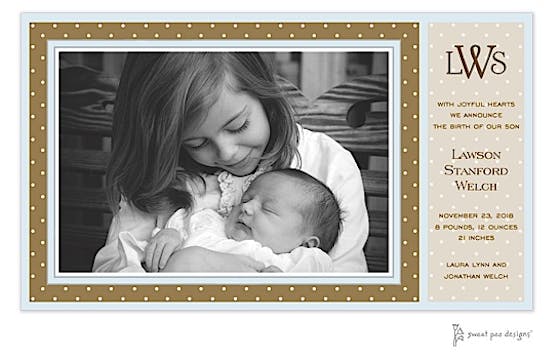 Dotted Frame Chocolate Flat Photo Birth Announcement