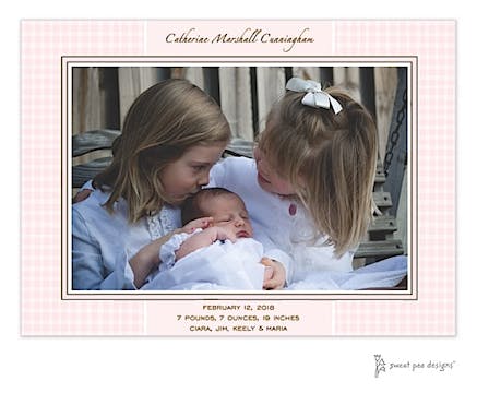 Gingham Pink Print & Apply Flat Photo Birth Announcement
