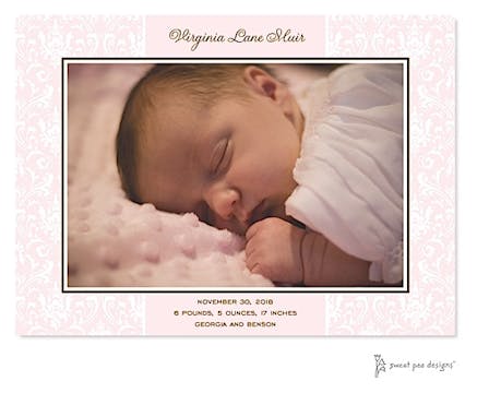 Damask Pink Print & Apply Flat Photo Birth Announcement