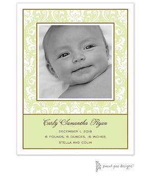 Damask Lime Flat Photo Birth Announcement