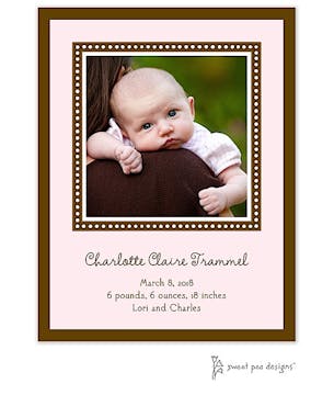 Dotted Border Pink & Chocolate Flat Photo Birth Announcement