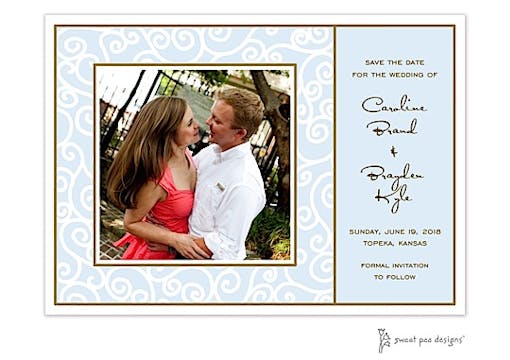 Scrollwork Blue Flat Photo Save The Date Card