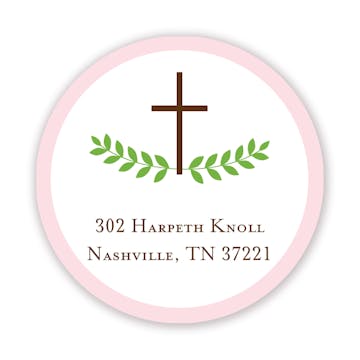 Cross and Foliage with Pink Border Round Return Address Label