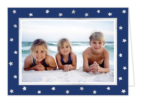 Holiday Stars on Navy Foil Pressed Holiday Print & Apply Folded Photo Card