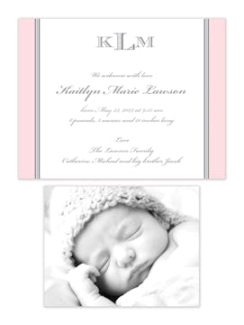 Pink and Grey Border Sweet Petite Photo Birth Announcement 