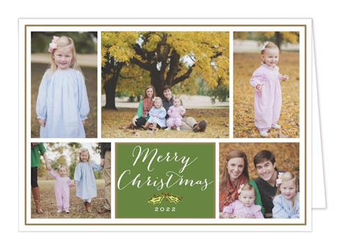 Dark Green Folded Photo Collage With Gold Border Folded Photo Holiday Card