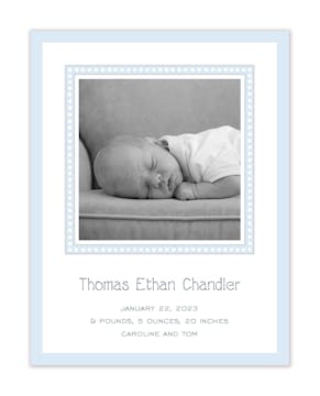 Dotted Border Blue & Silver Flat Photo Birth Announcement