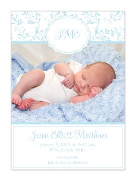 Spring Floral Photo Card - Blue Boy Photo Birth Announcement