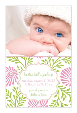 Lime Floral - Pink Girl Photo Birth Announcement