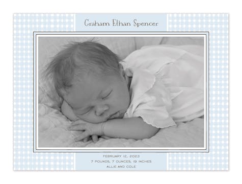 Gingham Blue Flat Photo Birth Announcement