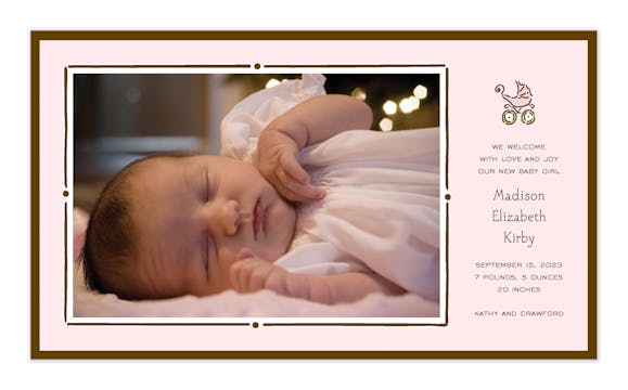 Vintage Frame Pink & Chocolate Flat Photo Birth Announcement