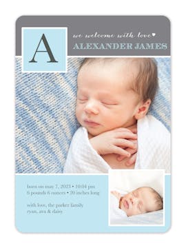 Baby Monogram Blue Photo Birth Announcement