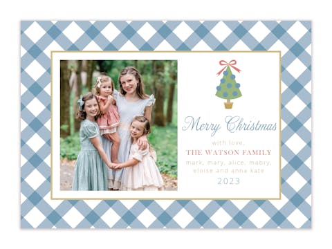 Gingham with Christmas Tree Horizontal Holiday Photo Card