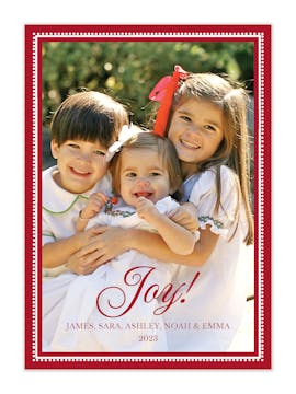 Joy On Beaded Border Red Vertical Holiday Flat Photo Card
