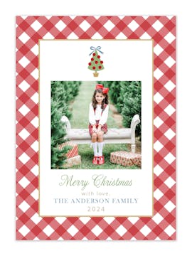 Gingham with Christmas Tree Vertical Holiday Photo Card