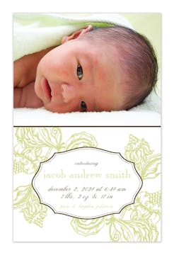 Woodcut Floral Photo Card - Lime Photo Birth Announcement