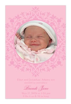 Floral Border - Pink Girl Photo Birth Announcement
