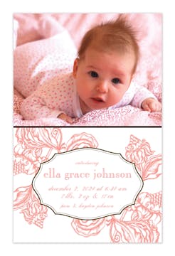 Woodcut Floral - Coral Girl Photo Birth Announcement