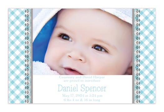 Gingham Photo Card - Blue Boy Photo Birth Announcement