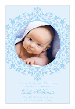 Floral Border Photo Card - Blue Boy Photo Birth Announcement