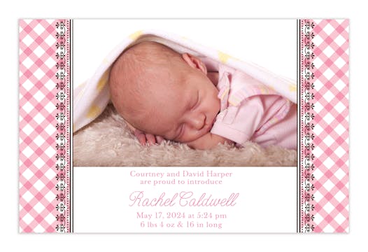 Gingham - Pink Girl Photo Birth Announcement