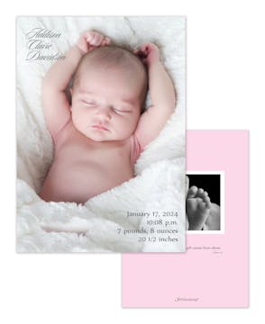 Full Bleed Vertical Classic Girl Photo Birth Announcement with one photo on the back