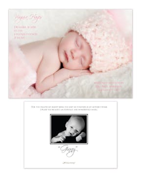 Full bleed horizontal Girl Photo Birth Announcement with 1 photo on the back