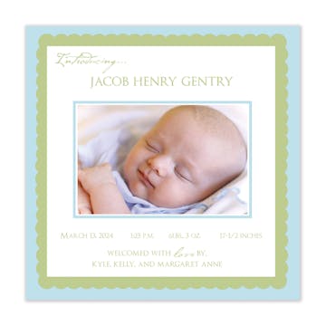 blue and lime green Photo Square Birth Announcement