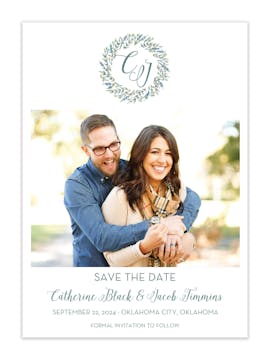 Blue and Green Floral Wreath Photo Save the Date 