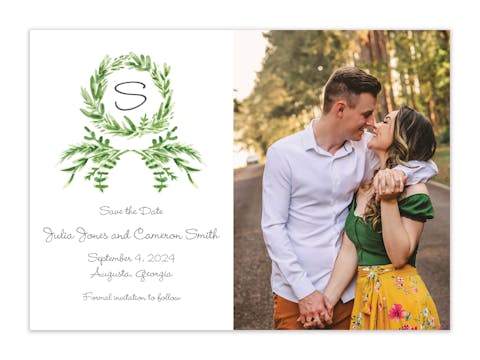 Watercolor Greenery Wreath Photo Save the Date 