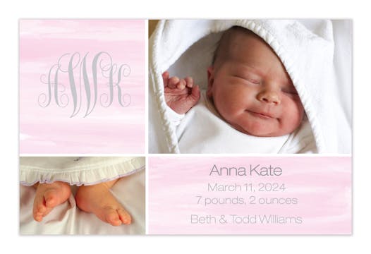 Watercolor Wash Pink Flat Photo Birth Announcement