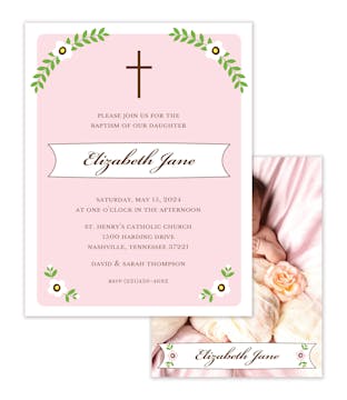 Cross and Foliage with Pink Border Sweet Petite Photo Birth Announcement 