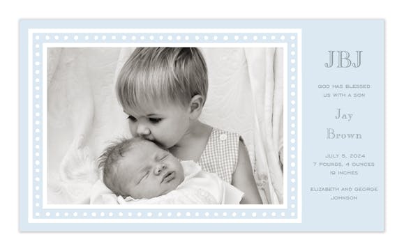 White Dotted Border Blue Print & Apply Flat Photo Birth Announcement