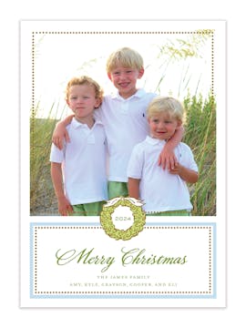 Foil Wreath Blue Holiday Photo Card 