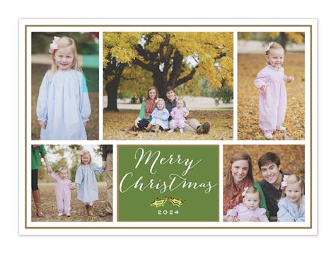 Green Flat Photo Collage With Gold Border Flat Photo Holiday Card