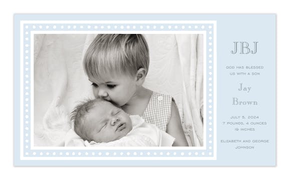 White Dotted Border Blue Flat Photo Birth Announcement