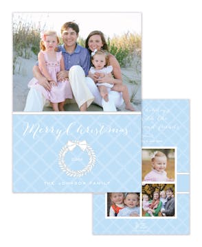 White Laurel Wreath Light Blue & Silver Flat Holiday Photo Card