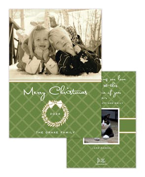White Laurel Wreath Green And Gold Flat Holiday Photo Card