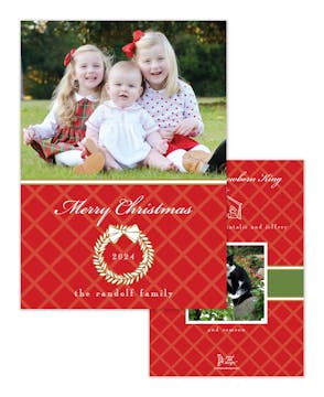 White Laurel Wreath Red And Gold Flat Holiday Photo Card